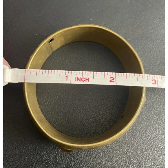 Vintage Hammered Brass Bangle Bracelet Faux Amber Cabochon Boho Wide 2.75" Dia - Picture 8 of 8